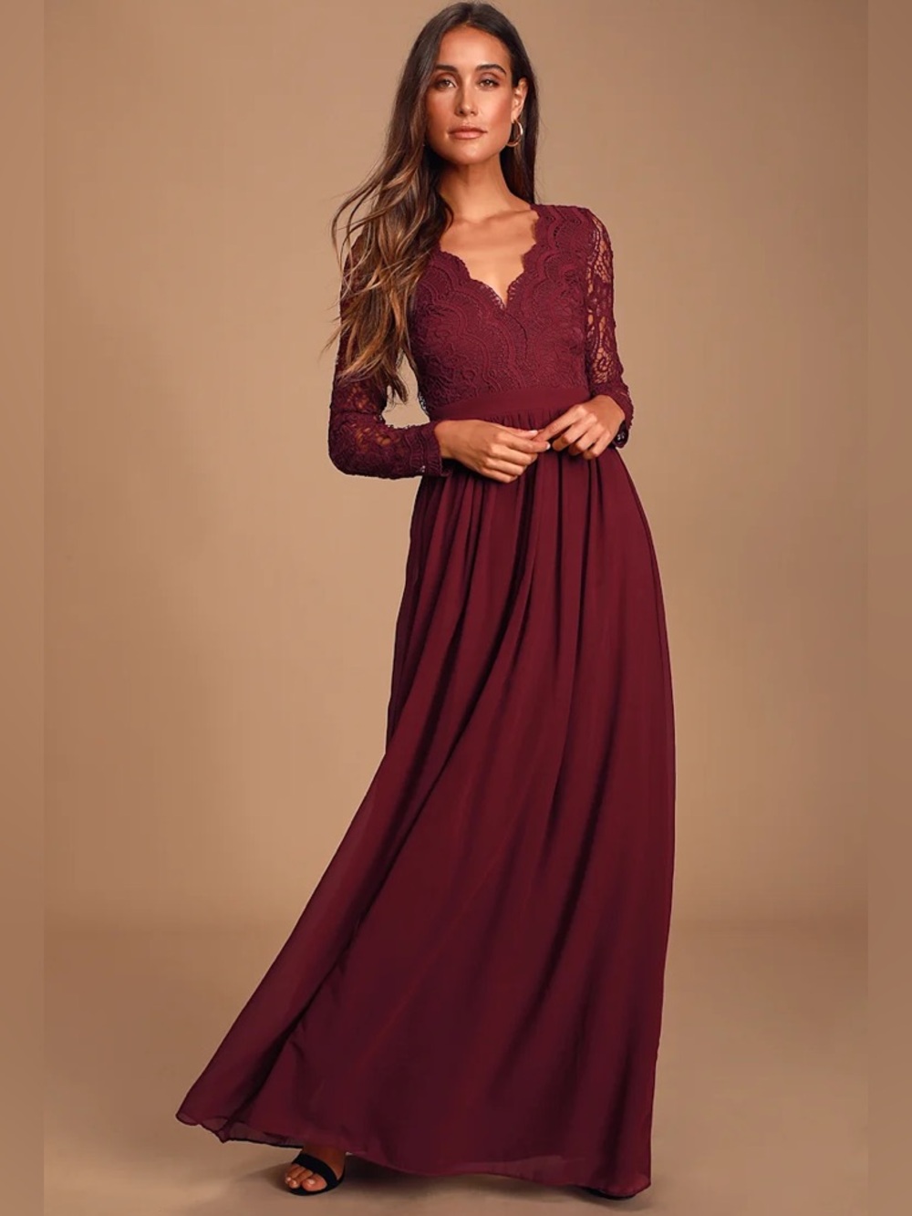 Lulu’s Awaken My Love Burgundy Long Sleeve Lace Maxi Dress, Size Medium